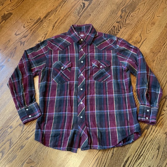 Wrangler Flannel Shirt Pearl Snap Long Sleeve‎ Western Plaid Red Men's Size L - Picture 1 of 9